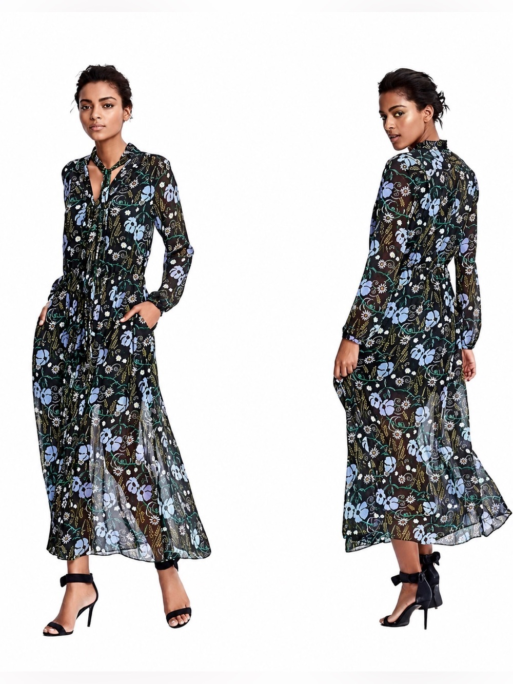 Banana Republic Black Blue Floral Tie Neck Maxi Dress Women’s Medium Sheer Long